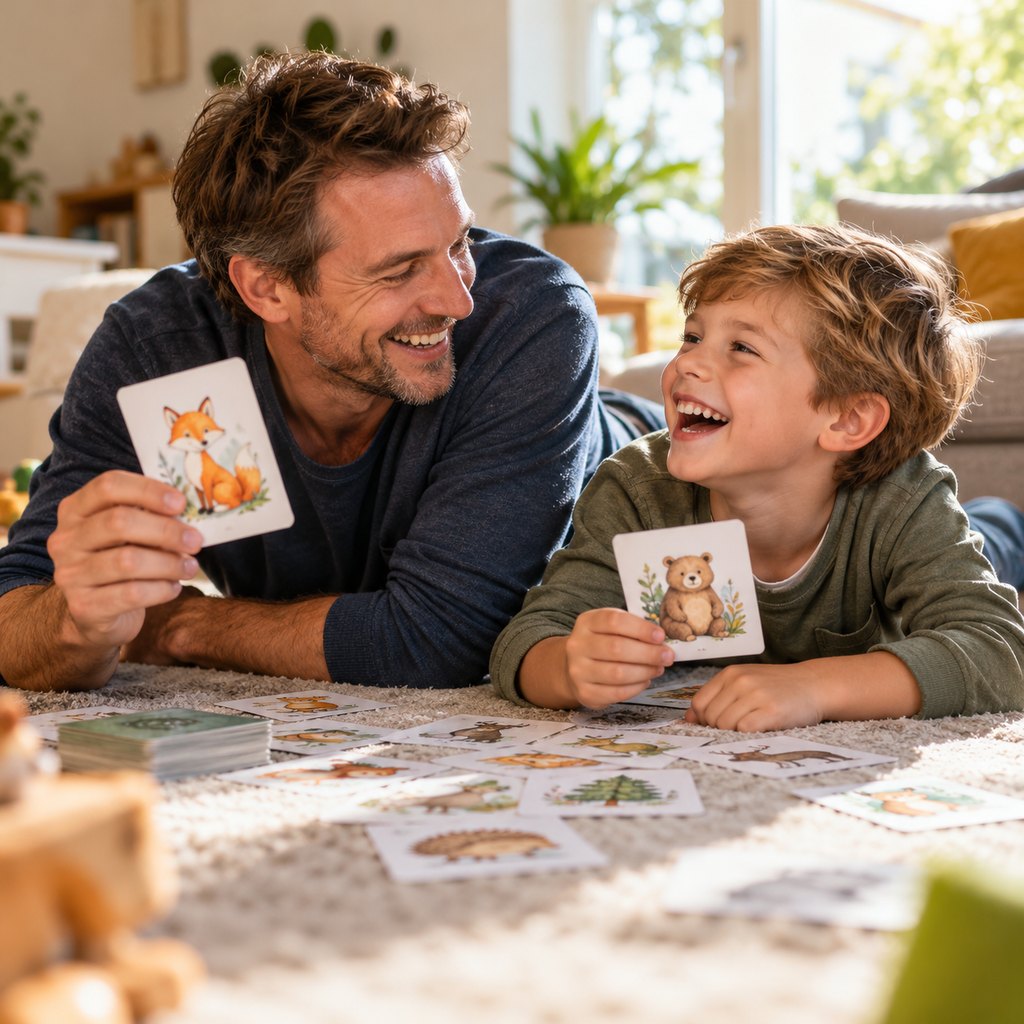 Vater und Sohn spielen mit Karten