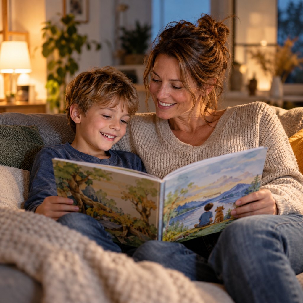 Mutter und Sohn lesen gemeinsam die Geschichten