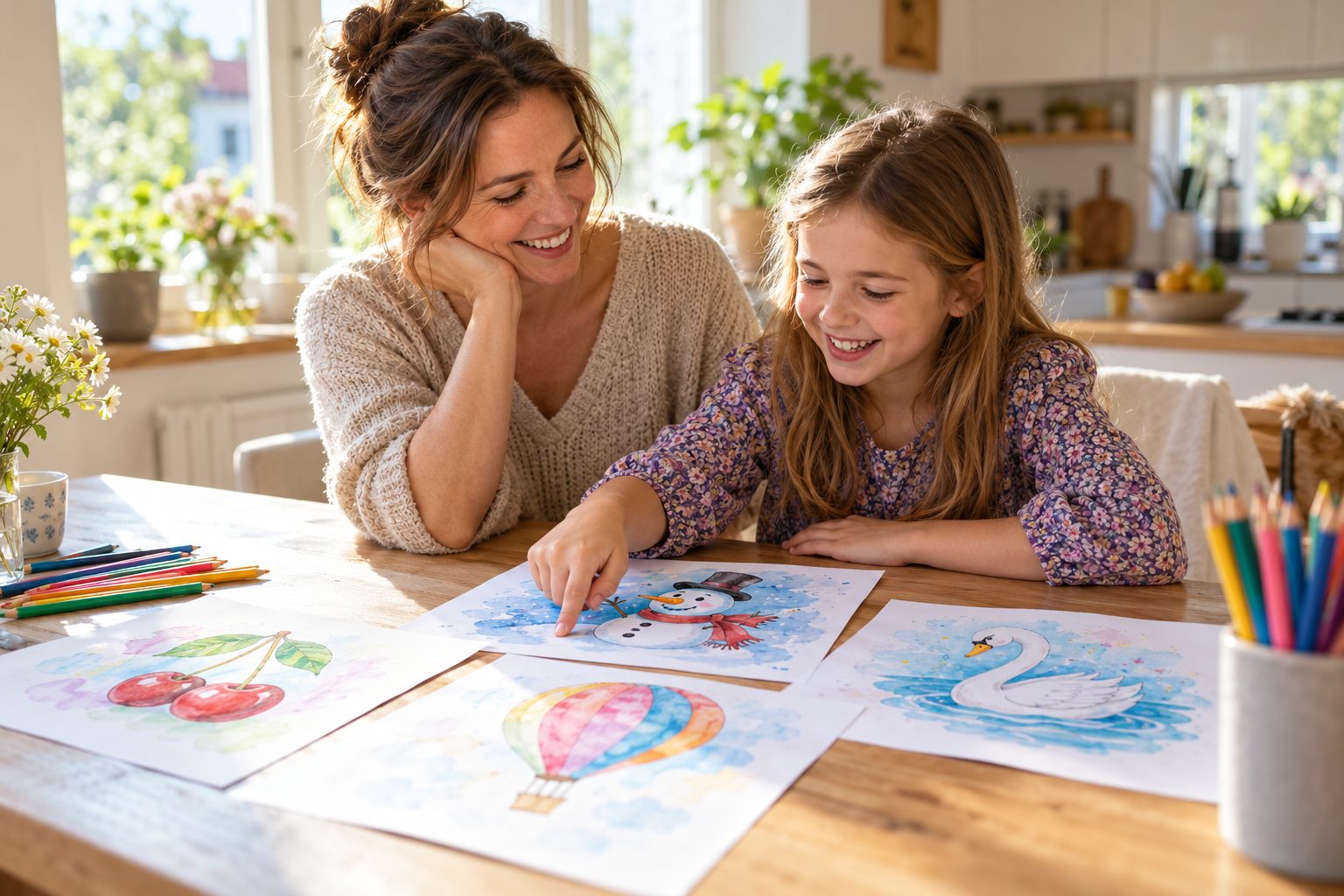 Mutter und Tochter am Küchentisch mit den bunten MalMerker-Seiten