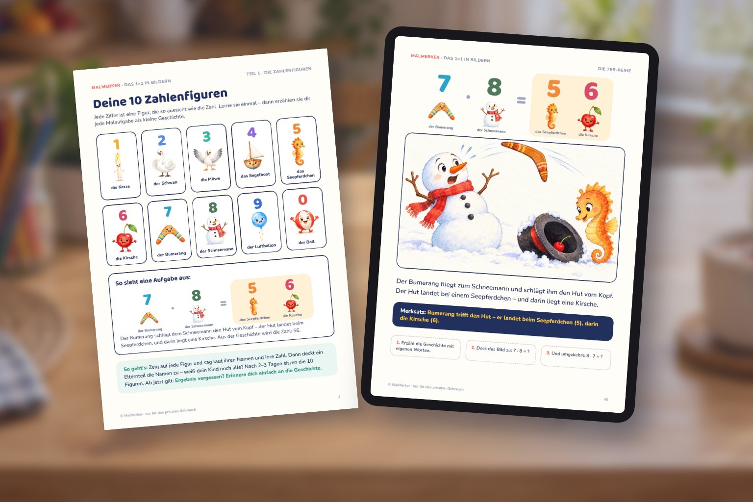 Ausgedruckte Seite mit den 10 Zahlenfiguren und ein Tablet mit der Geschichte zu 7 mal 8